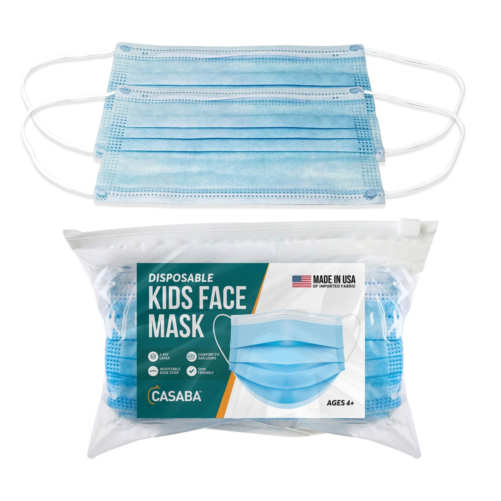 Casaba Kids Size 100 Pack Disposable Face Masks 3-Ply Filter - Made in USA with Imported Fabric-