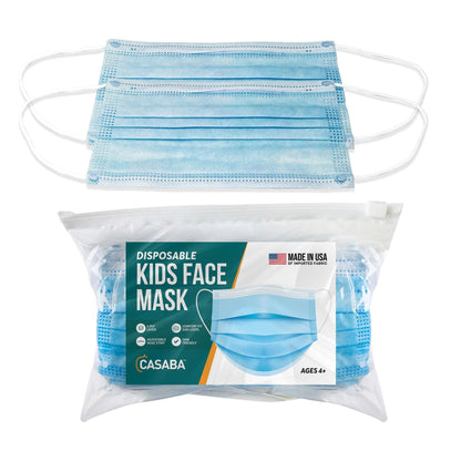 Casaba Kids Size 100 Pack Disposable Face Masks 3-Ply Filter - Made in USA with Imported Fabric-