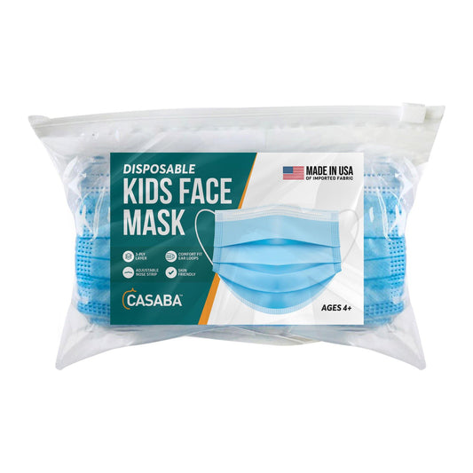 Casaba Kids Size 100 Pack Disposable Face Masks 3-Ply Filter - Made in USA with Imported Fabric-