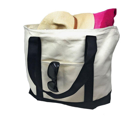 Large Shopping Grocery Bag Reusable Cotton Canvas Beach Tote Zippered 22inch X 16inch-Black/Natural-