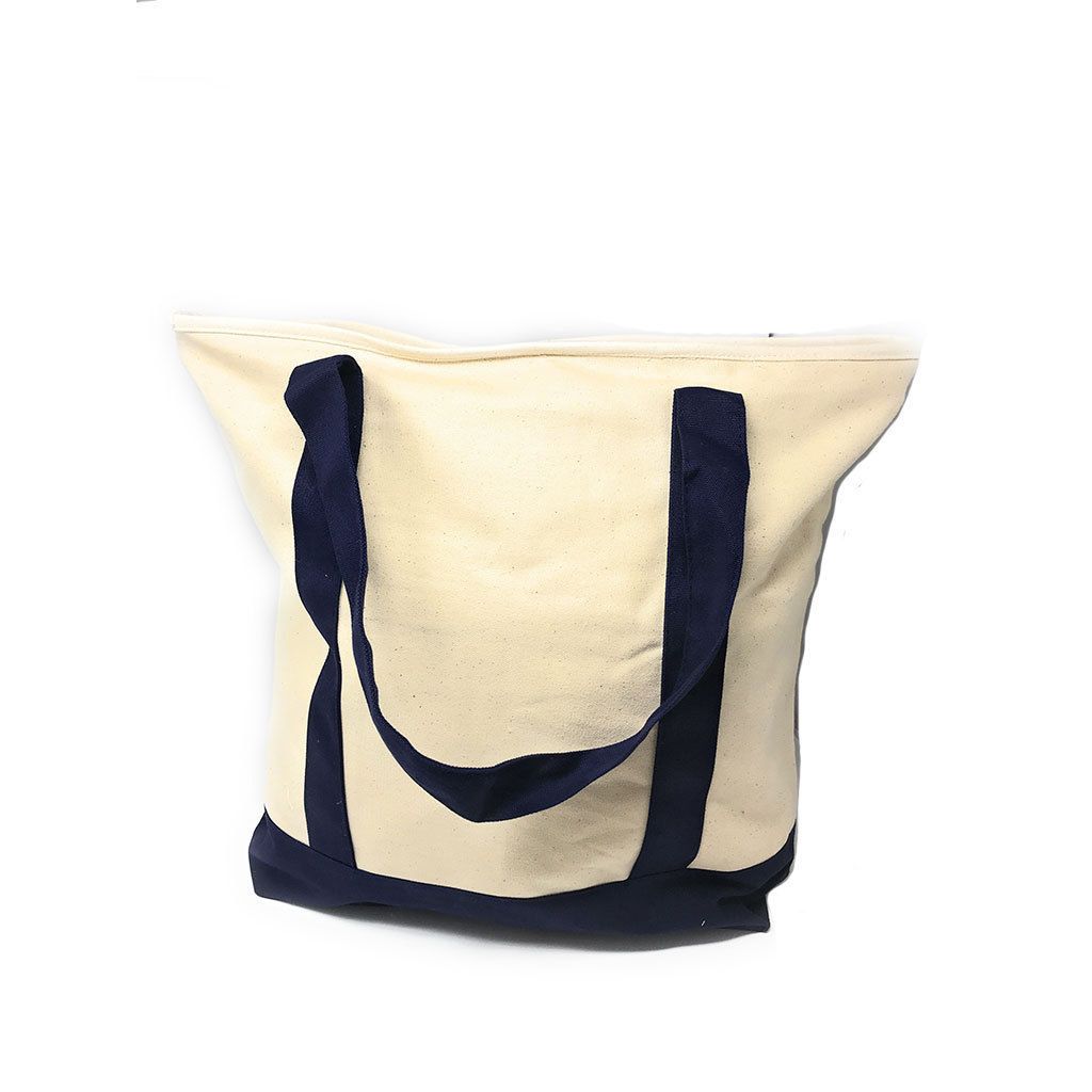 Large Shopping Grocery Bag Reusable Cotton Canvas Beach Tote Zippered 22inch X 16inch-Navy Blue/Natural-