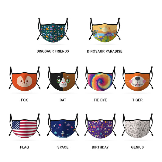 Cute Face Masks for Kids Child Adjustable Boys Girls Ages 3 to 9 Cotton Poly Washable Reusable 2 Layer Pocket Filter-Birthday-