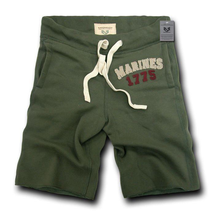 Rapid Dominance Brand US Army Air Force Navy Marines Military Logo Fleece Training Shorts-Small-Marines - Olive-