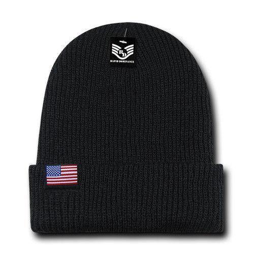 USA Flag Label Beanie Double Lined Acrylic Warm Winter Long Cuff Unisex-