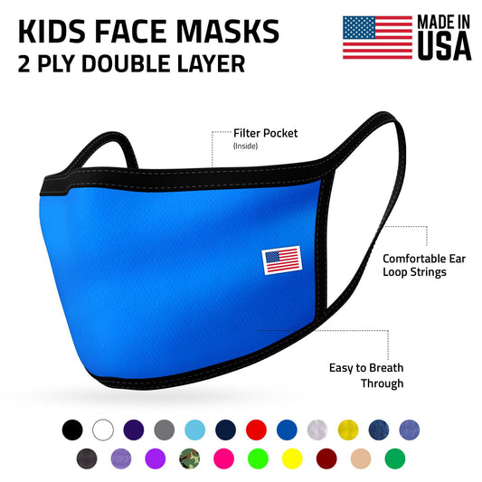 Kids Face Mask for Boys Girls Children Cotton Cloth Double Layer Masks Washable Reusable age 3 to 7 Made in USA-Blue-