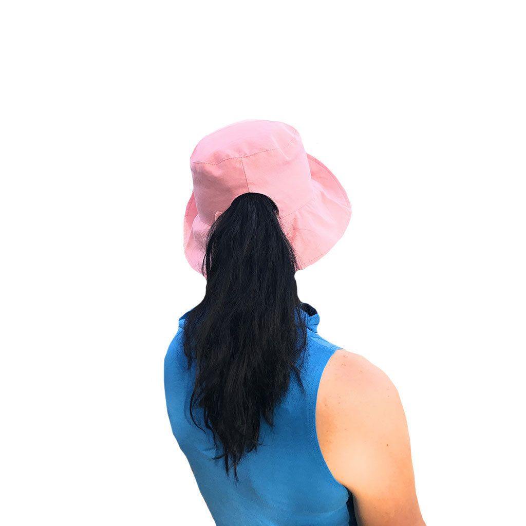 Cotton Ponytail Bucket Caps Hats Reversible Summer Women's Summer Beach Sun Hat-LT.PINK/IVORY-