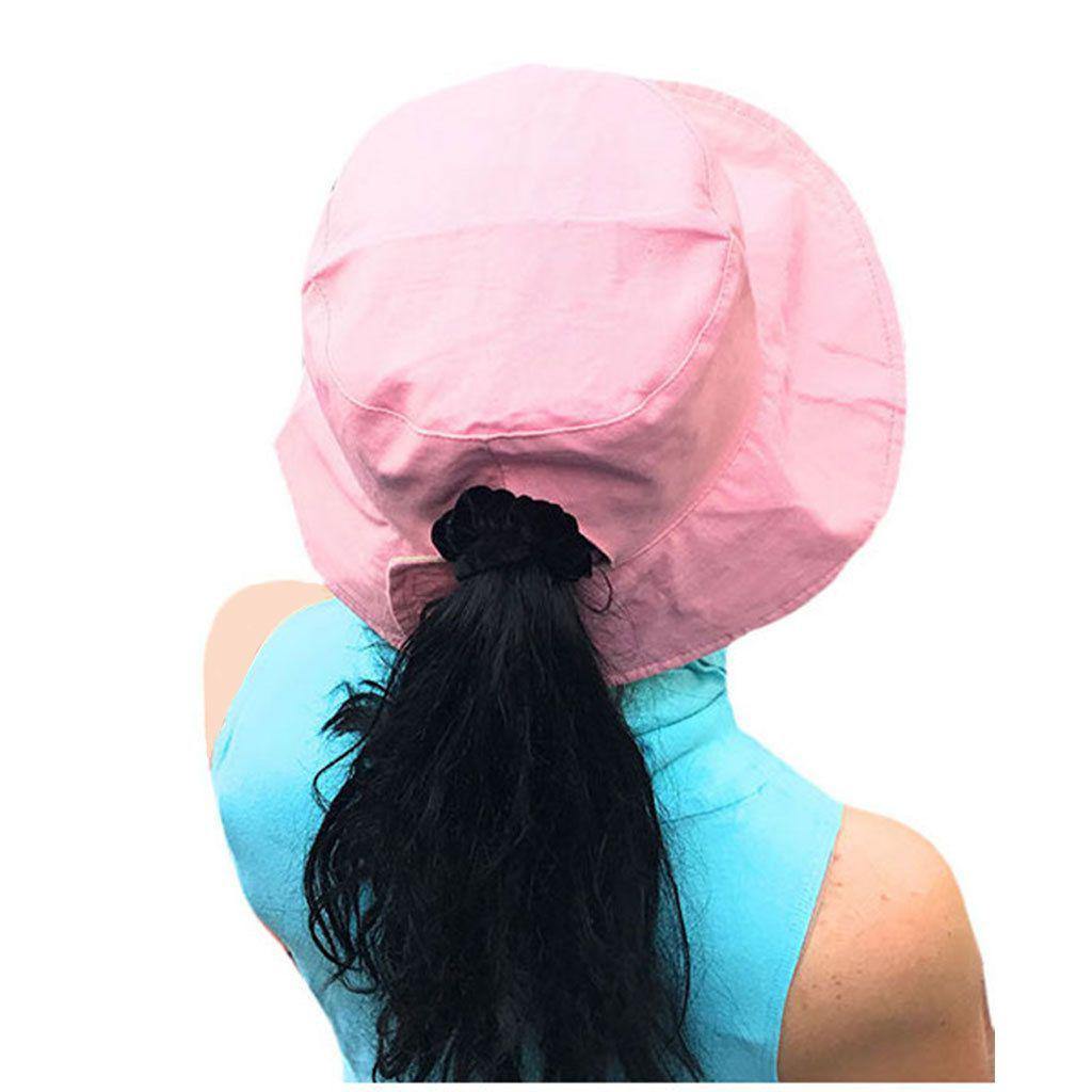 Cotton Ponytail Bucket Caps Hats Reversible Summer Women's Summer Beach Sun Hat-LT.PINK/IVORY-