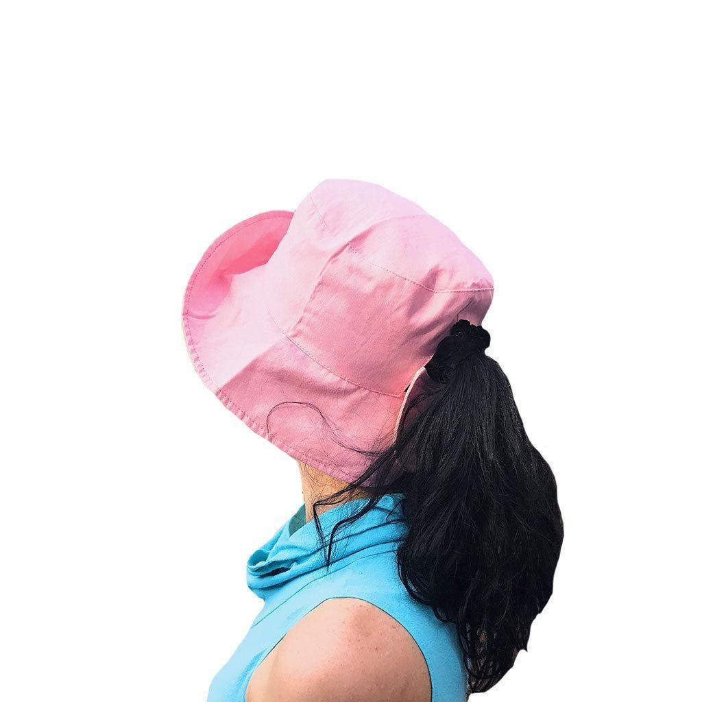 Cotton Ponytail Bucket Caps Hats Reversible Summer Women's Summer Beach Sun Hat-LT.PINK/IVORY-
