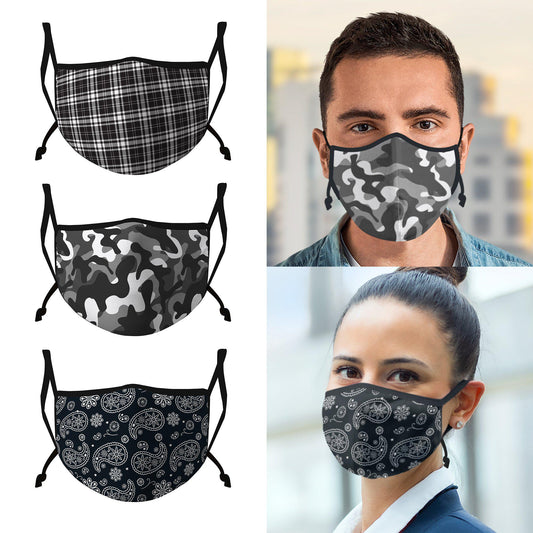 Casaba 3 Pack Face Masks Black Stylish Prints Cotton Poly Adjustable Washable Reusable Double Layer Pocket Filter-