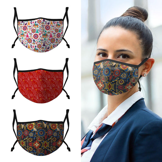 Casaba 3 Pack Face Masks Stylish Cultural Prints Cotton Poly Adjustable Washable Reusable Double Layer Pocket Filter-
