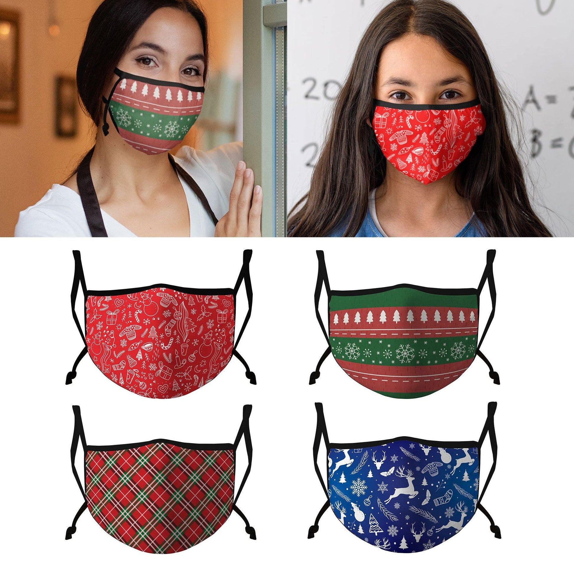Casaba 4 Pack Face Masks Adult Kids Sizes Fun Cute Holiday Christmas Cotton Poly Adjustable Washable Reusable-Holiday Pack A-Adult-