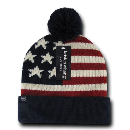 Patriotic American USA Flag Stars Stripes Beanies Caps Pom Top-