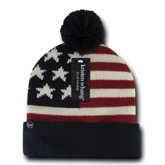 Patriotic American USA Flag Stars Stripes Beanies Caps Pom Top-