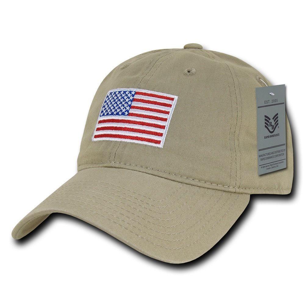 Patriotic USA American Flag Embroidered Relaxed Polo Baseball Dad Caps Hats-Khaki-