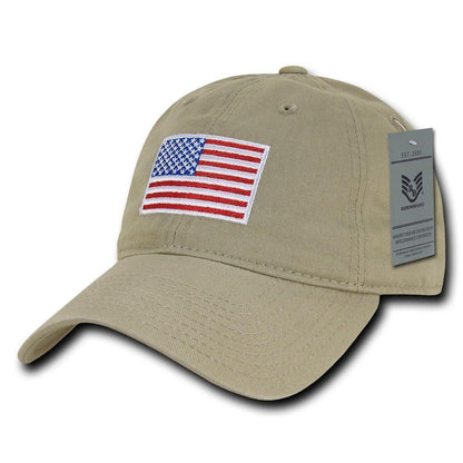 Patriotic USA American Flag Embroidered Relaxed Polo Baseball Dad Caps Hats-Khaki-