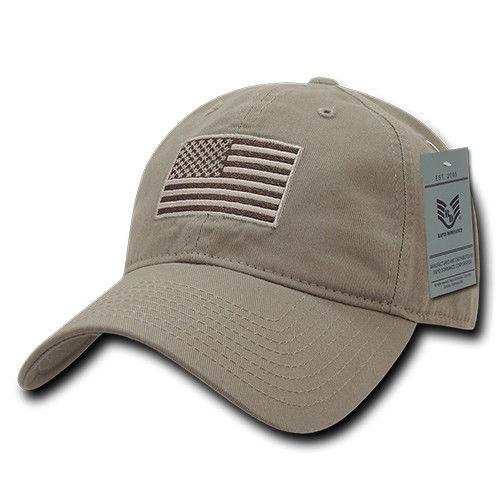 Patriotic USA American Team Tonal Flag Washed Cotton Polo Dad Caps Hats-Khaki-