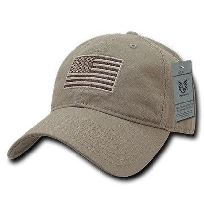Patriotic USA American Team Tonal Flag Washed Cotton Polo Dad Caps Hats-Khaki-