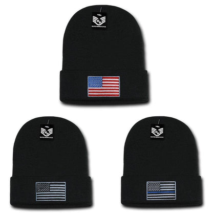 Patriotic USA Flag Thin Blue Line Knit Beanies Acrylic Winter Olympics Long Cuff-Red/White/Blue Flag-
