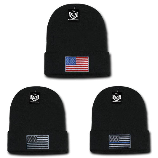 Patriotic USA Flag Thin Blue Line Knit Beanies Acrylic Winter Olympics Long Cuff-Red/White/Blue Flag-