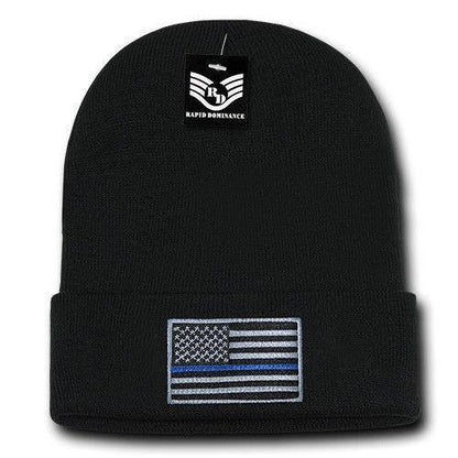 Patriotic USA Flag Thin Blue Line Knit Beanies Acrylic Winter Olympics Long Cuff-Thin Blue Line Flag-