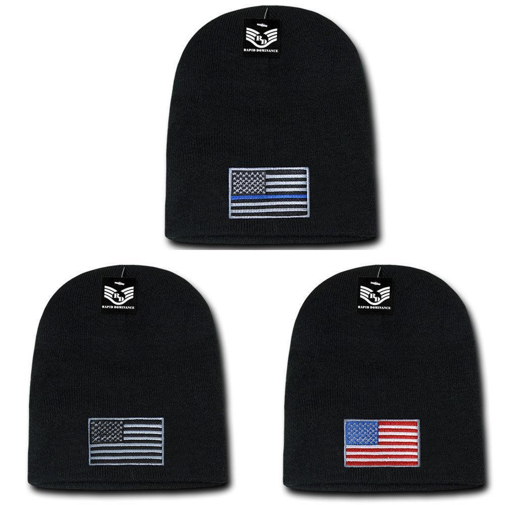Patriotic USA Flag Thin Blue Line Knit Beanies Acrylic Winter Short Cuff Unisex-Red/White/Blue Flag-