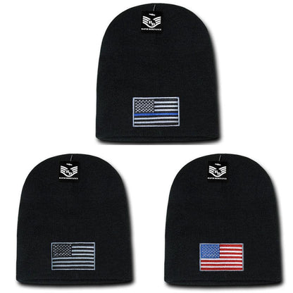 Patriotic USA Flag Thin Blue Line Knit Beanies Acrylic Winter Short Cuff Unisex-Red/White/Blue Flag-