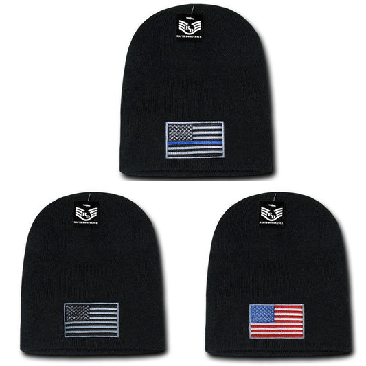 Patriotic USA Flag Thin Blue Line Knit Beanies Acrylic Winter Short Cuff Unisex-Red/White/Blue Flag-