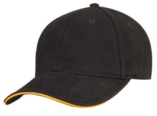 Brushed Cotton Sandwich 6 Panel Low Crown Baseball Hats Caps Plain Two Tone-BLACK / GOLD-