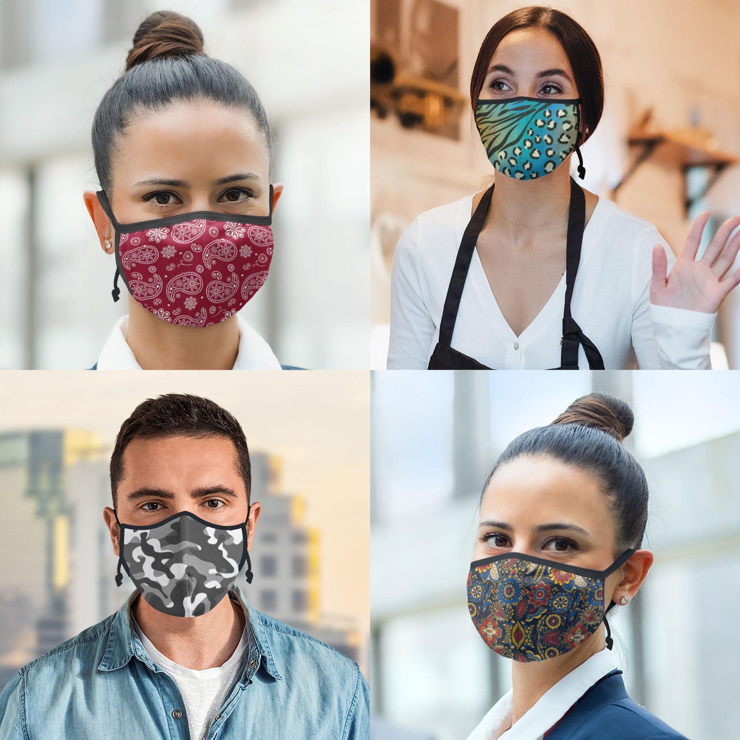 Casaba Fashion Face Masks Cotton Poly Adjustable Washable Reusable Double Layer-Black Paisley-