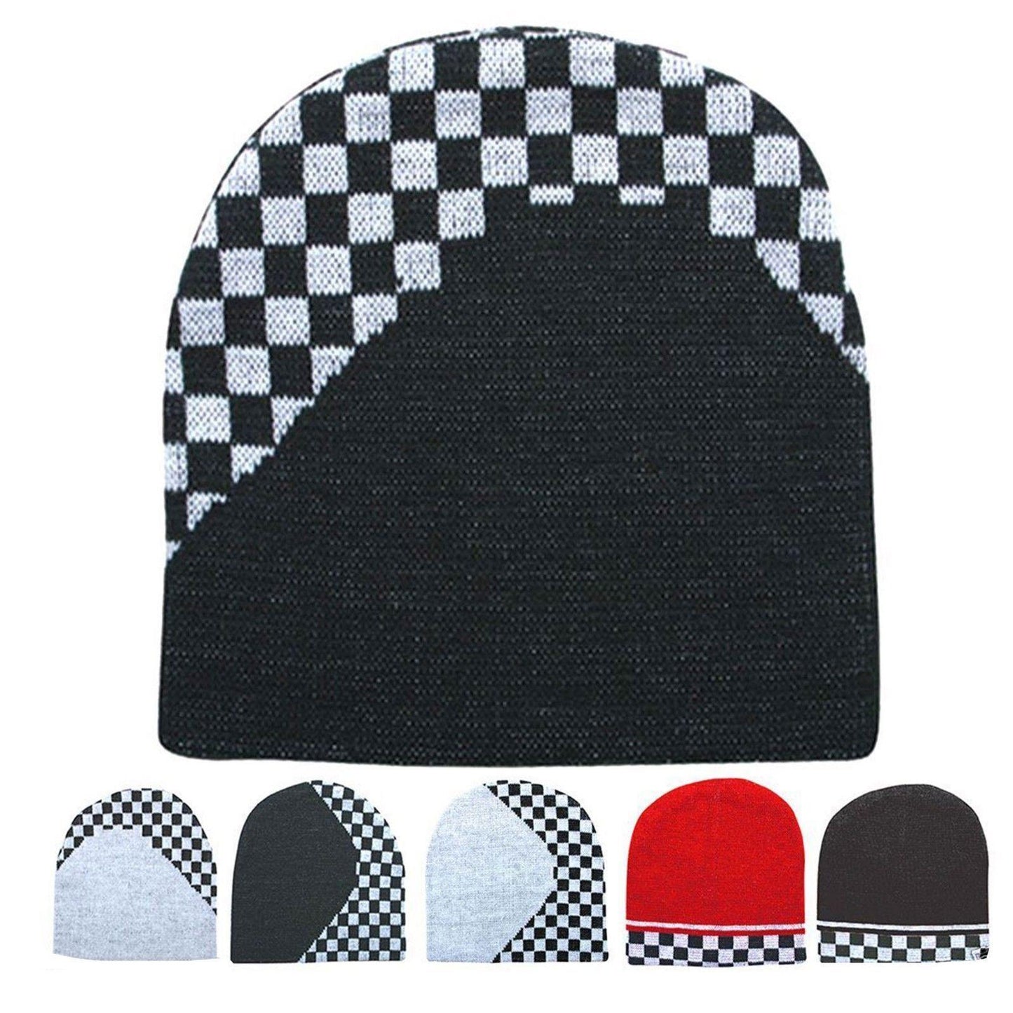 Auto Racing Flag Checkers Warm Winter Beanies Hats Caps Unisex-Red - RB 002-