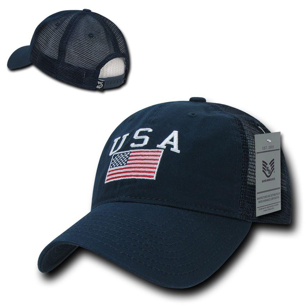 USA Flag Freedom United Patriotic Military Relaxed Fit Trucker Baseball Cap Hats-USA- Navy-