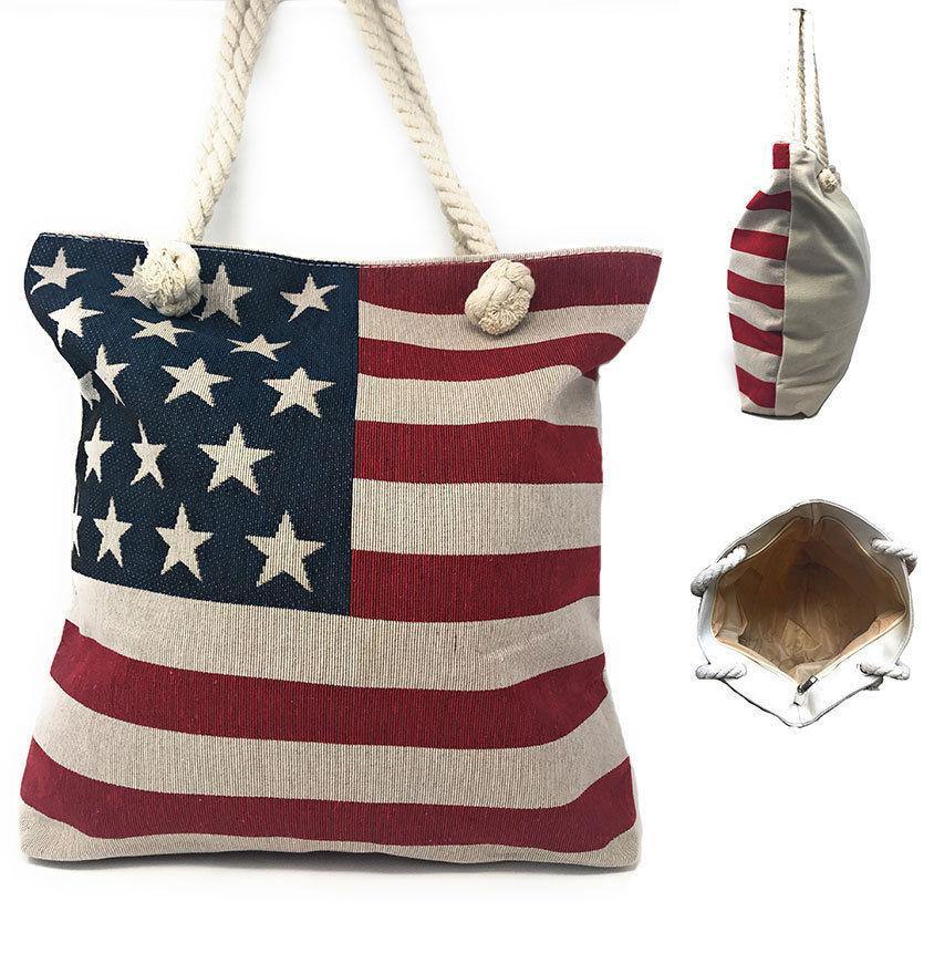 USA Flag Patriotic Canvas Reusable Eco Grocery Shopping Beach Gym Work Tote Bag-