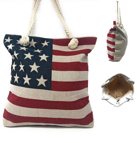 USA Flag Patriotic Canvas Reusable Eco Grocery Shopping Beach Gym Work Tote Bag-