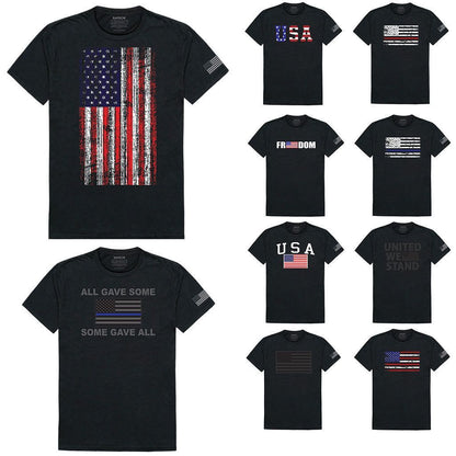 USA Flag Patriotic United We Stand Thin Red Line Freedom Cotton T-Shirts-Red/Blue/White Flag1-Regular-Small