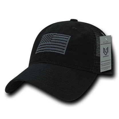 USA Flag Tonal Patriotic Relaxed Fit Trucker Cotton Baseball Caps Hats-Black-