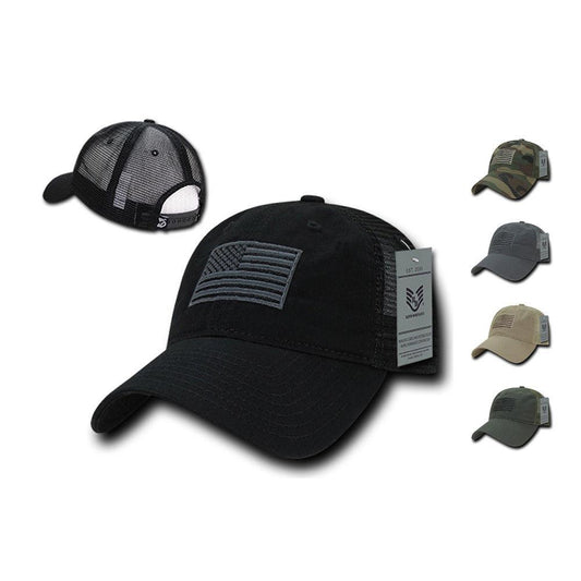 USA Flag Tonal Patriotic Relaxed Fit Trucker Cotton Baseball Caps Hats-Black-