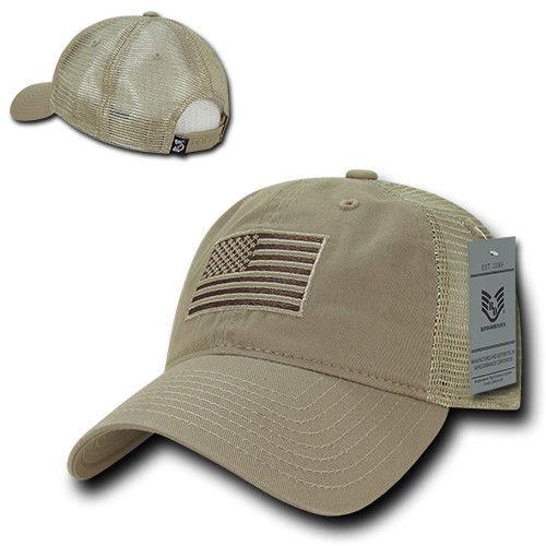 USA Flag Tonal Patriotic Relaxed Fit Trucker Cotton Baseball Caps Hats-Khaki-