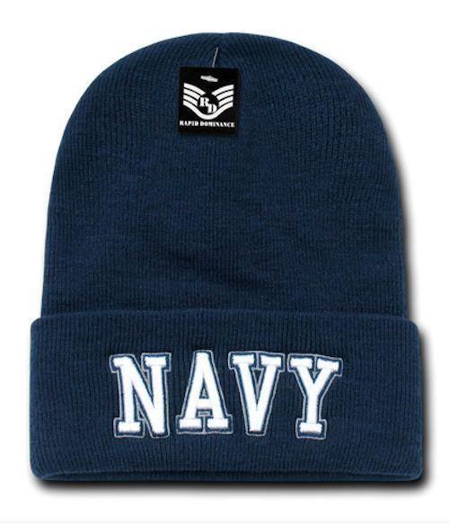 USAF Army USmc Marines Navy Coast Guard Logos Beanies Cuffed Long Knit Caps Hats-Navy Text - Navy-
