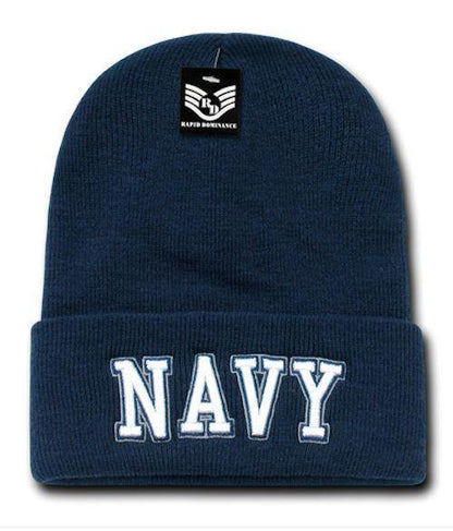 USAF Army USmc Marines Navy Coast Guard Logos Beanies Cuffed Long Knit Caps Hats-Navy Text - Navy-