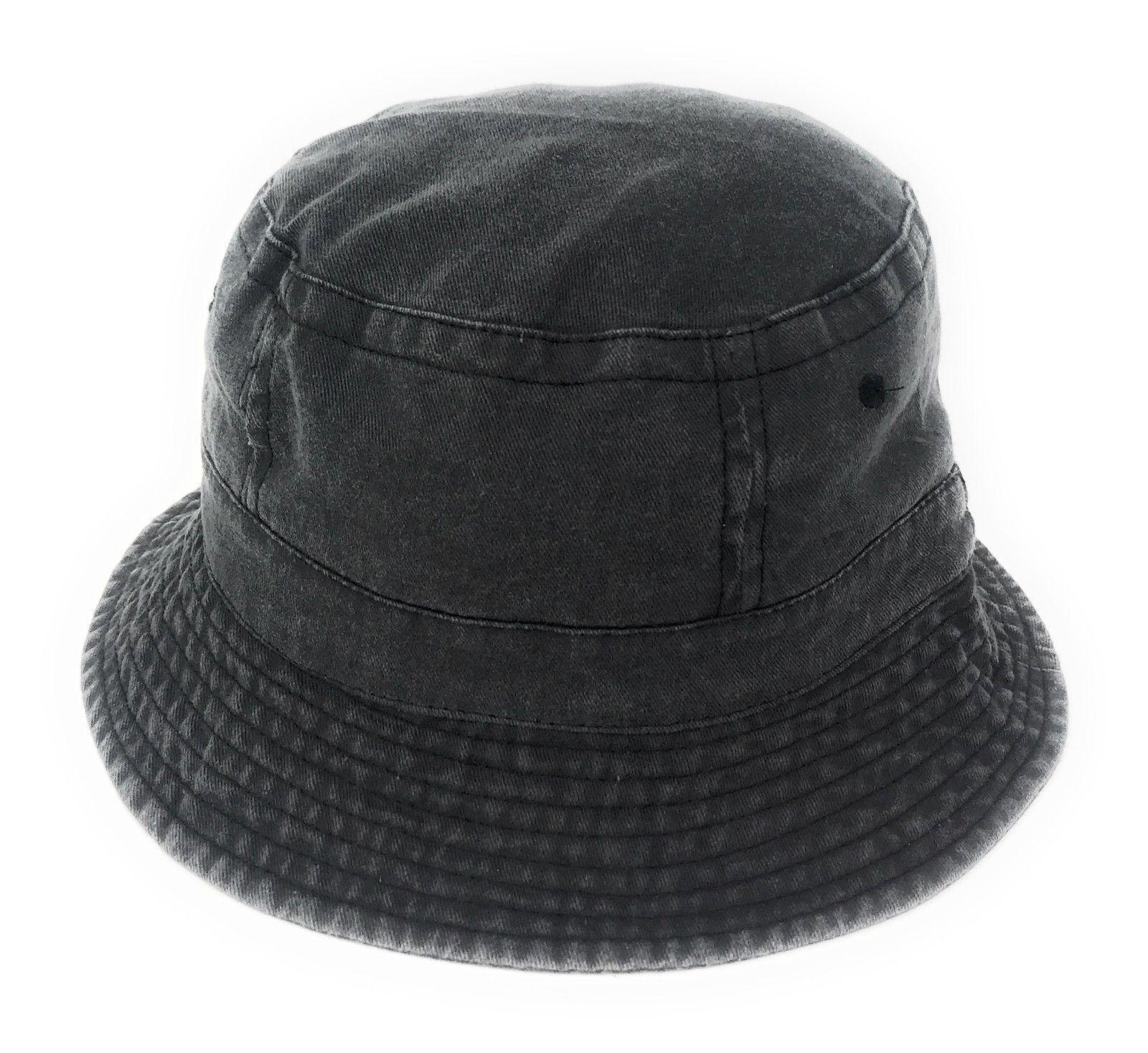 Washed Cotton Sun Bucket Boonie Hats Caps Fitted Sizes Solid /Camo Fishermans Beach-Large-Black (washed)-