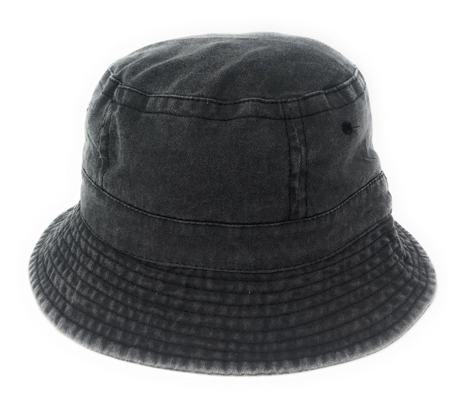 Washed Cotton Sun Bucket Boonie Hats Caps Fitted Sizes Solid /Camo Fishermans Beach-Large-Black (washed)-
