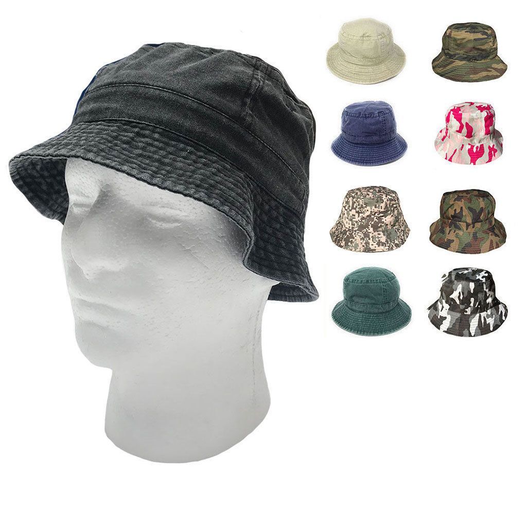 Washed Cotton Sun Bucket Boonie Hats Caps Fitted Sizes Solid /Camo Fishermans Beach-Large-Black (washed)-