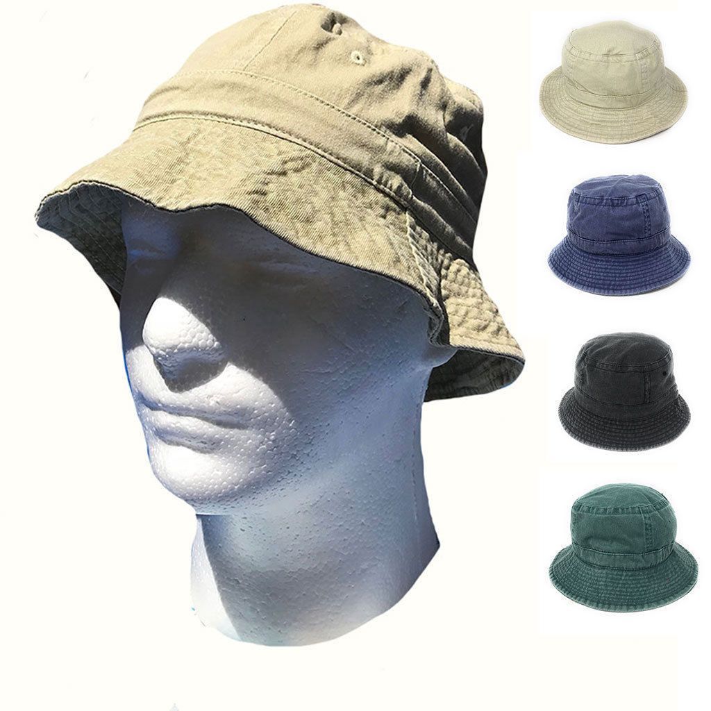 Washed Cotton Sun Bucket Boonie Hats Caps Fitted Sizes Solid /Camo Fishermans Beach-Large-Black (washed)-