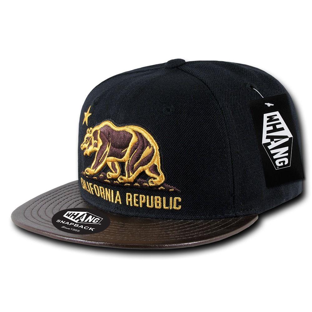 Whang California Cali Republic 6 Panel Flat Vinyl Bill Snapback Hats Caps-Black/Black-