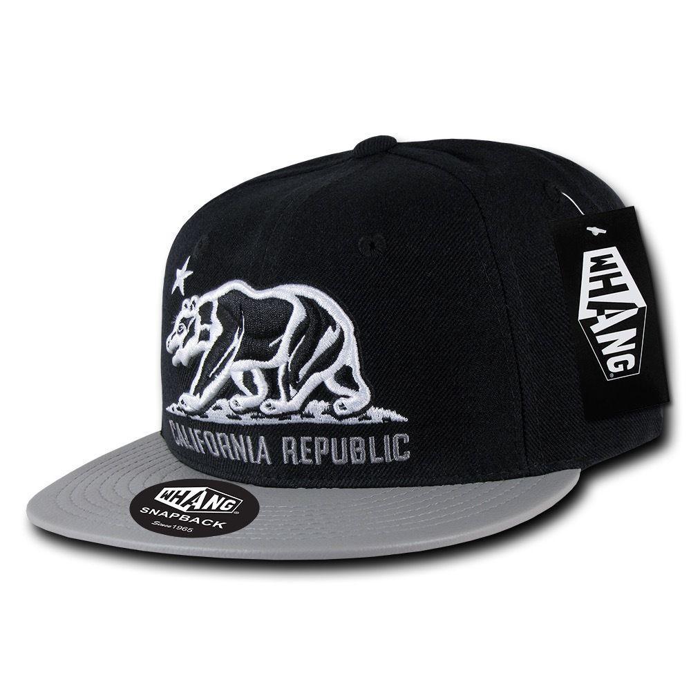 Whang California Cali Republic 6 Panel Flat Vinyl Bill Snapback Hats Caps-Black/Black-