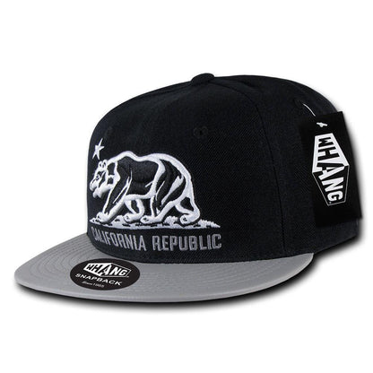 Whang California Cali Republic 6 Panel Flat Vinyl Bill Snapback Hats Caps-Black/Black-
