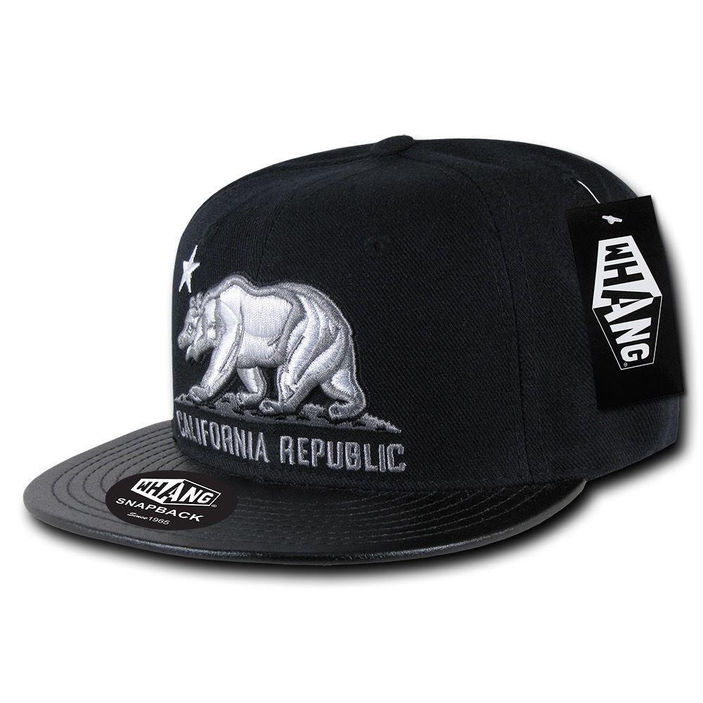 Whang California Cali Republic 6 Panel Flat Vinyl Bill Snapback Hats Caps-Black/Black-