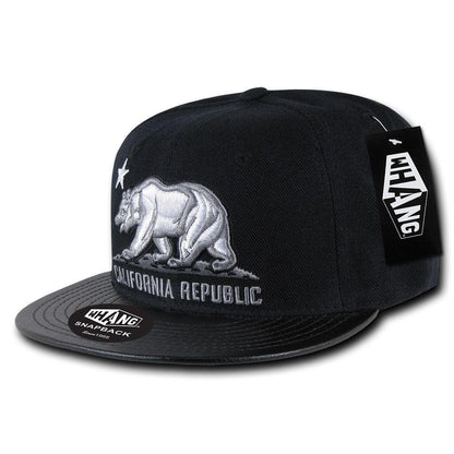 Whang California Cali Republic 6 Panel Flat Vinyl Bill Snapback Hats Caps-Black/Black-