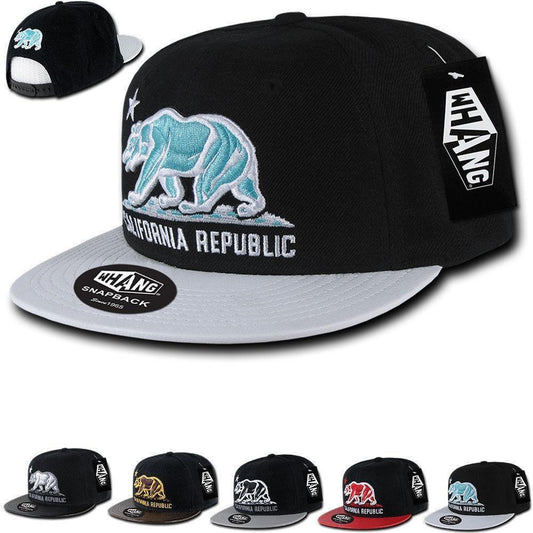 Whang California Cali Republic 6 Panel Flat Vinyl Bill Snapback Hats Caps-Black/Black-