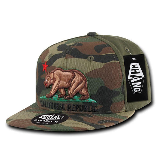 Whang California Camouflage Cali Republic Bear Snapback Hats Caps-Woodland/Woodland/Olive-